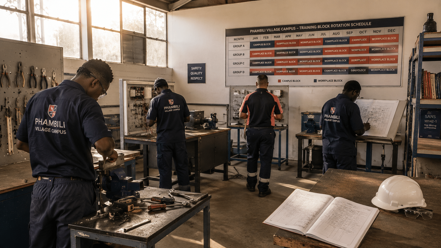 Dual system block release training shown in a Phambili Village Campus workshop where a cohort of learners works at practical stations during a campus block, with a wall-mounted block rotation calendar visible in the background