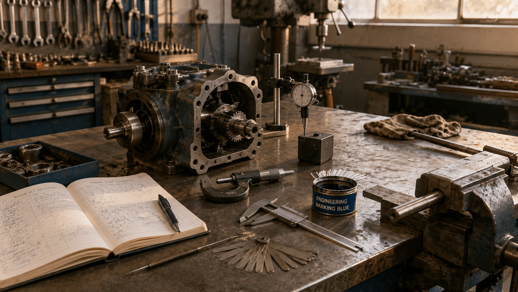 Mechanical fitter trade test preparation bench with a part-assembled gearbox, micrometer, dial gauge and marking blue in a Gauteng workshop