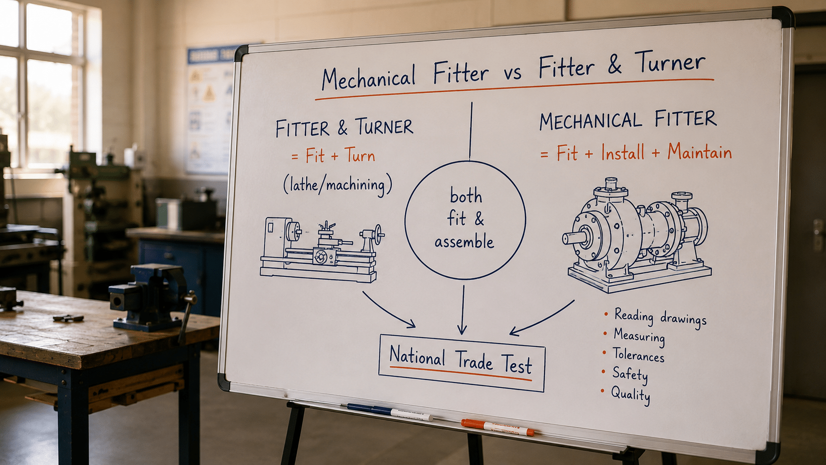 Mechanical fitter vs fitter and turner difference mapped on a whiteboard with two labelled columns for fitting, turning and maintenance scope
