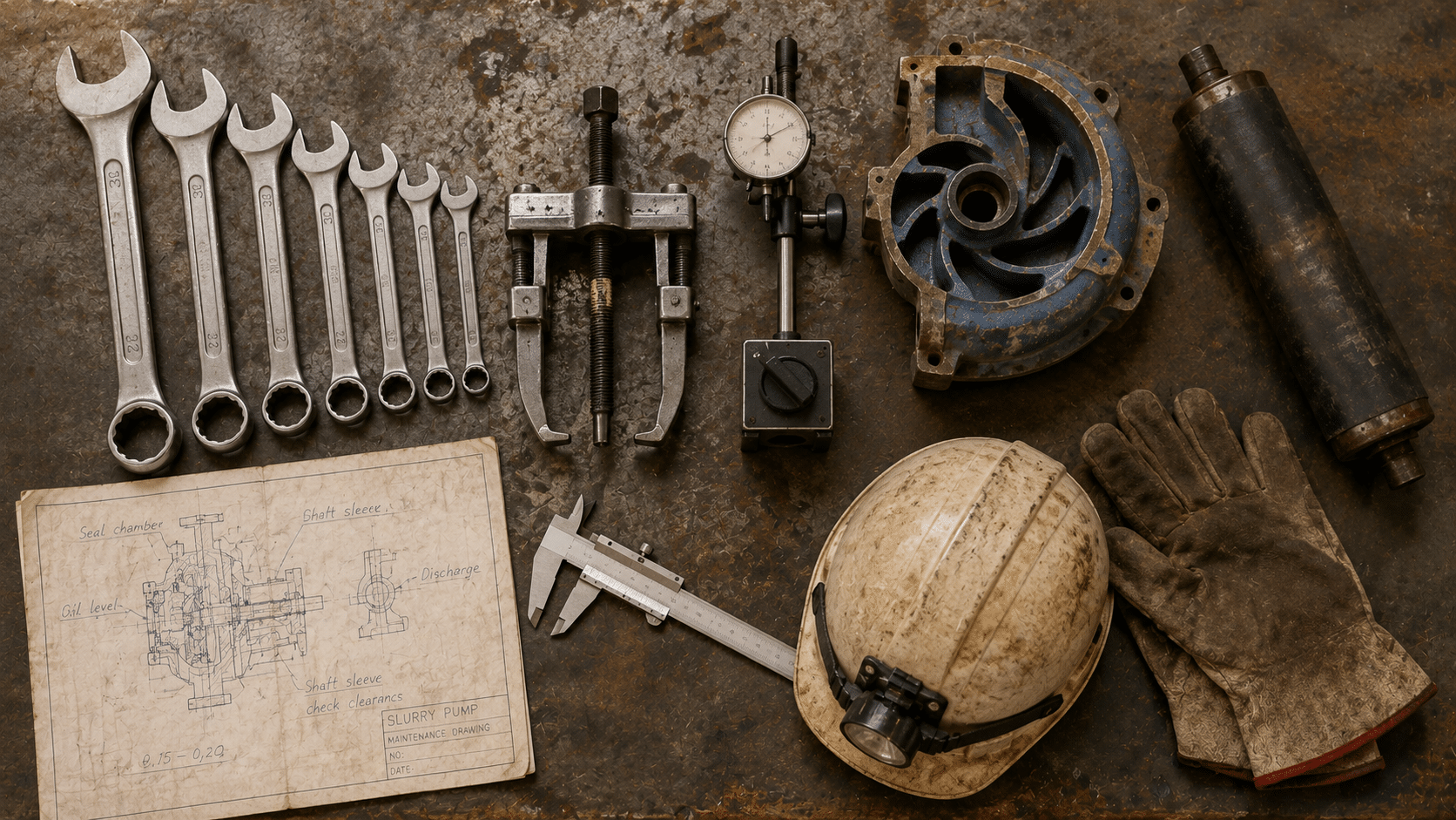 Mining mechanical fitter demand flat-lay of maintenance tools, a pump impeller section, bearing puller and engineering drawing on a Gauteng workshop bench