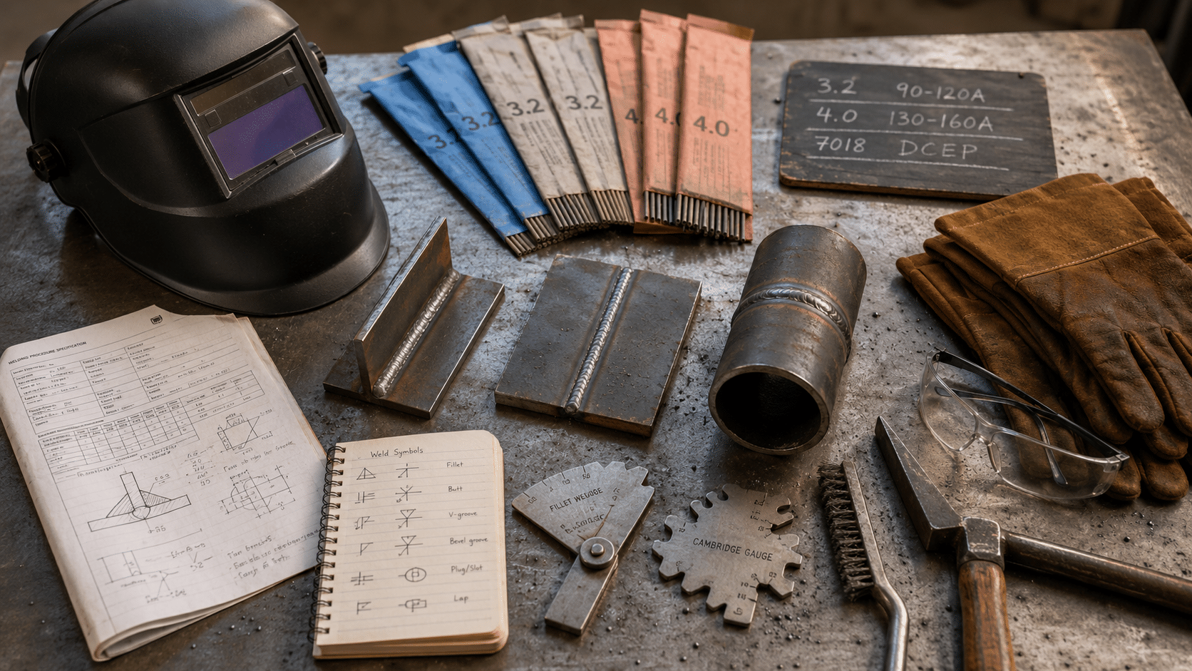 QCTO welder course Gauteng workshop kit and reference materials laid out on a steel-topped bench — welding helmet, electrodes, fillet weld samples, weld procedure specification, SAIW documentation