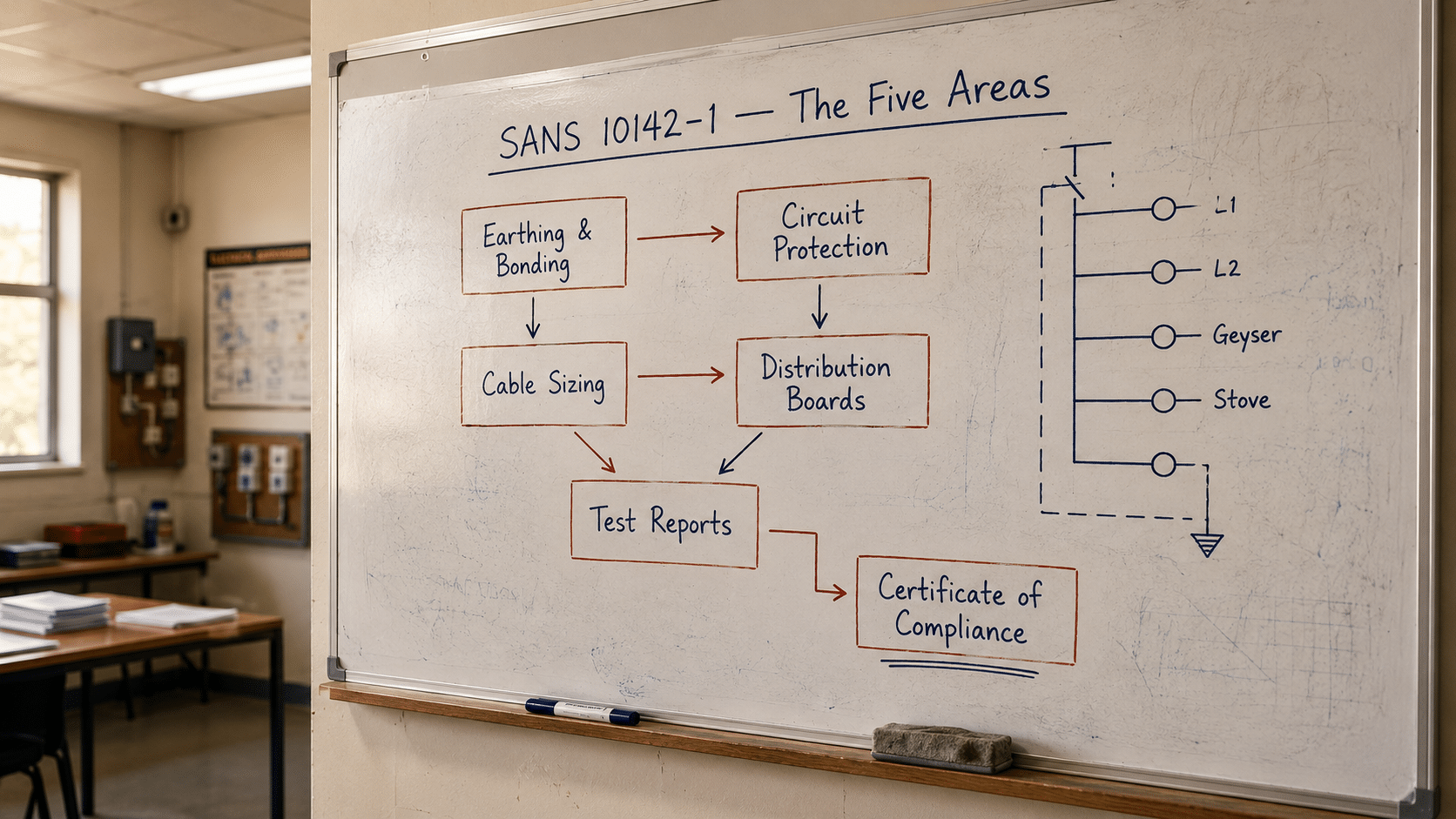 SANS 10142 electrician compliance framework mapped out on a whiteboard with the standard's five compliance areas labelled — earthing, circuit protection, cable sizing, distribution boards, and test reports — alongside hand-sketched diagrams of a domestic distribution board