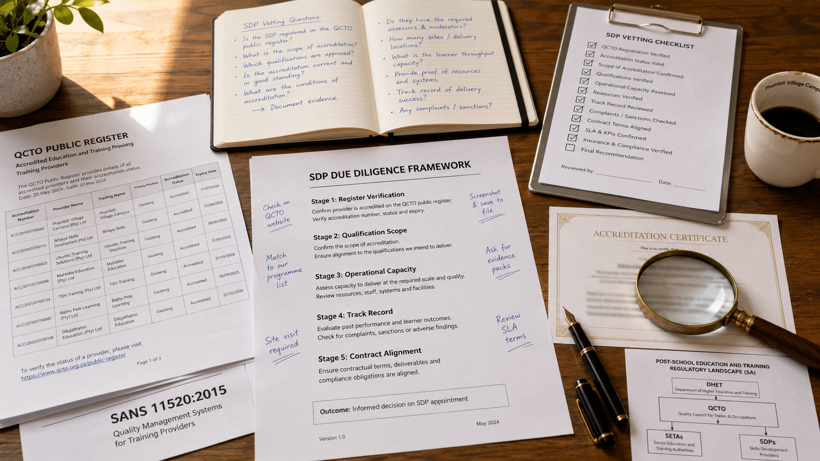 Skills development provider due diligence workspace flat-lay with a printed vetting framework, SDP register printout, QCTO accreditation policy document, and a corporate L&D notebook on a walnut workbench