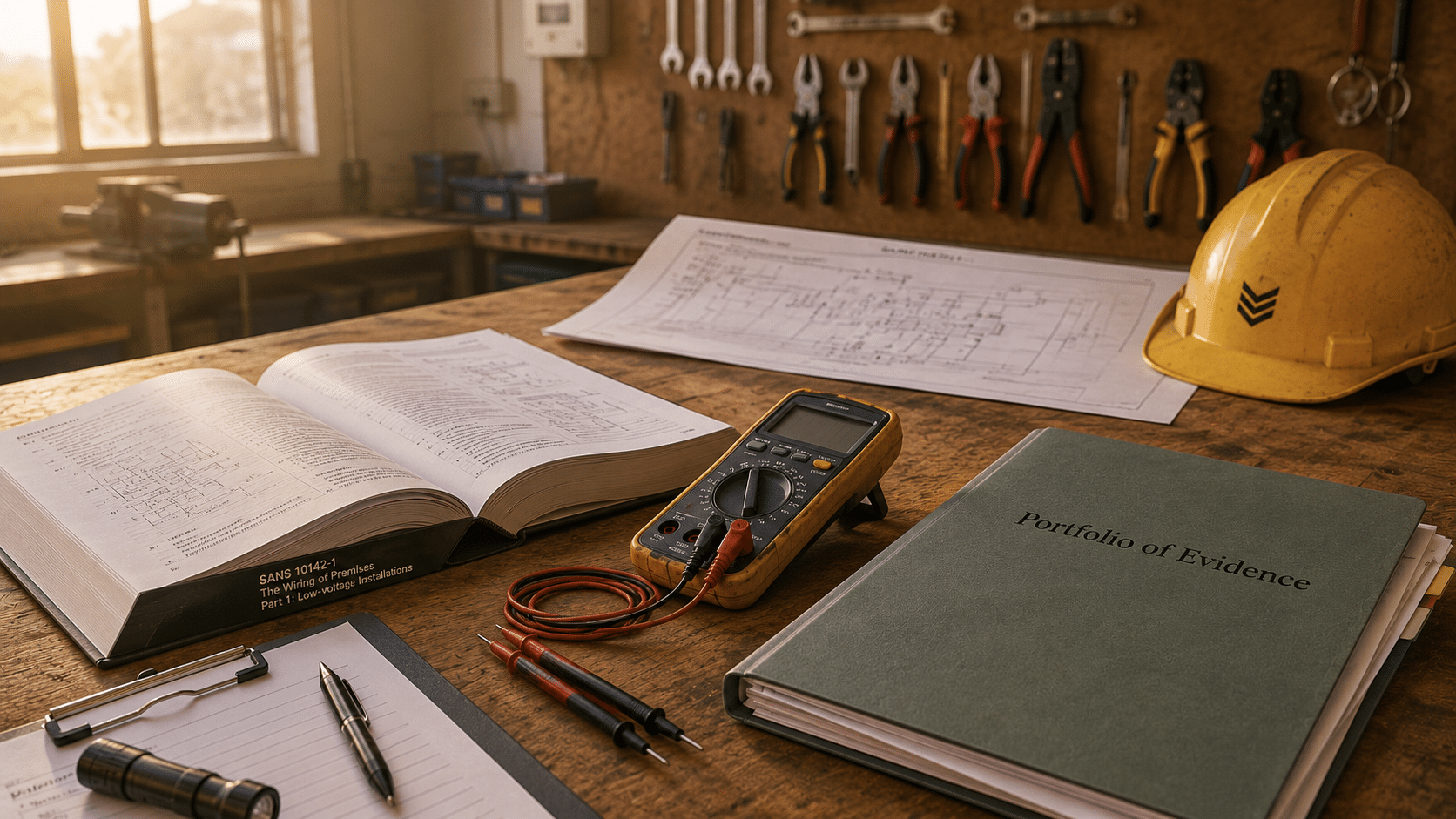 Wireman licence South Africa preparation shown on an electrician's workbench with the SANS 10142-1 wiring code book open beside a multimeter, distribution board diagram, and a portfolio of evidence in a Gauteng training workshop