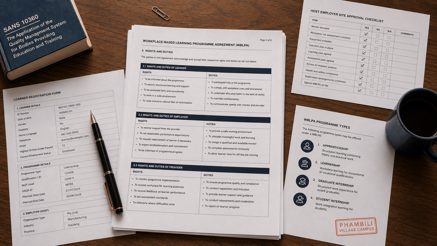 Workplace based learning programme agreement documentation laid out on a workbench showing the WBLPA form, learner registration paperwork, and a host employer site approval checklist with a Phambili Village Campus stamp