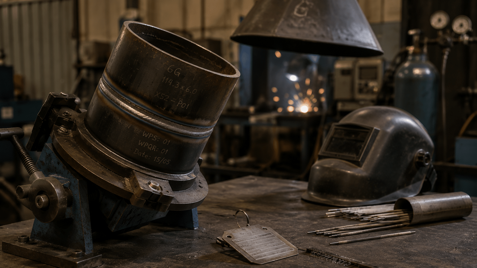 Coded welder pathway shown by a pipe weld test coupon clamped in a South African welding workshop ready for performance certification