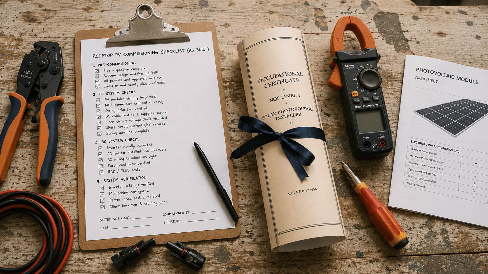 PV GreenCard vs QCTO solar qualification flat-lay with a solar install checklist, MC4 crimping tool, clamp meter and an NQF certificate on a Gauteng workshop bench