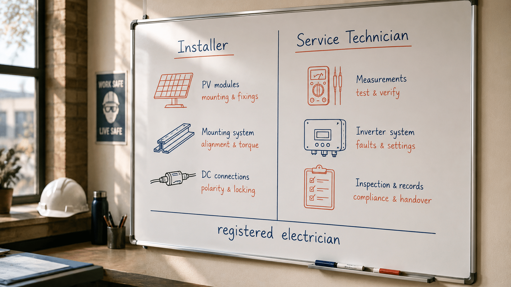 PV installer vs service technician comparison mapped on a whiteboard showing role scope and qualification level