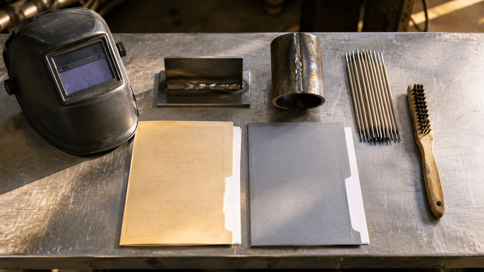 SAIW certification vs QCTO welder qualification shown as a flat-lay of a welding helmet, weld coupons, electrodes and two certificate documents on a steel bench