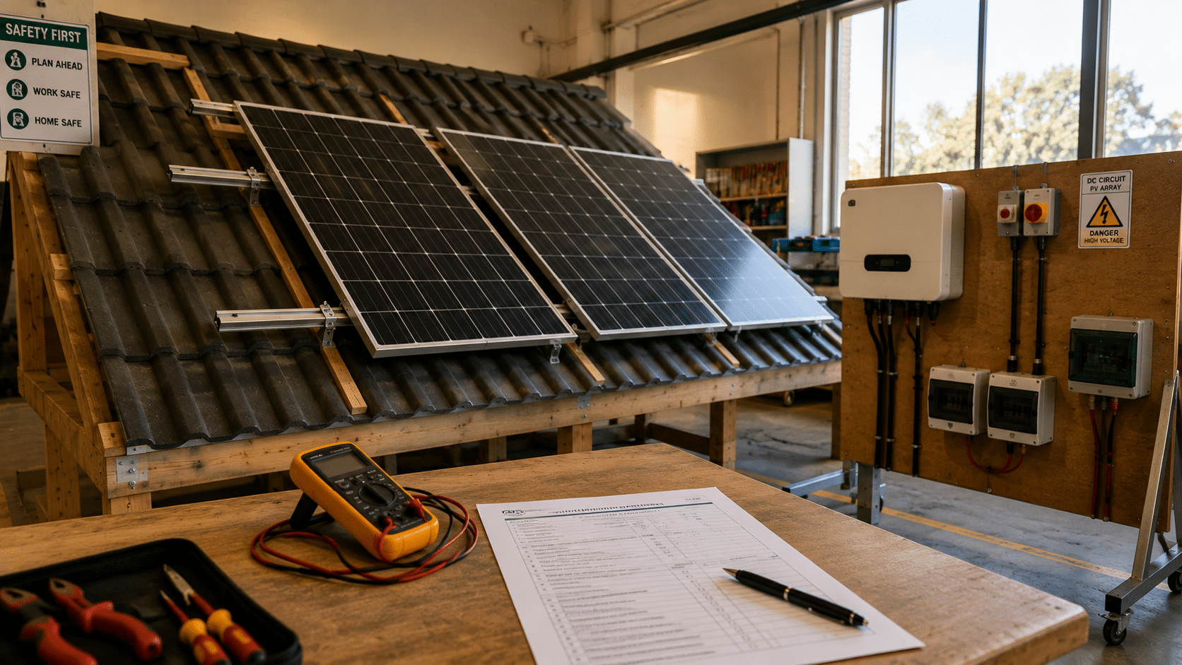 SAPVIA PV GreenCard assessment shown as a solar PV training rig in a South African assessment centre with panels mounted on a simulated roof