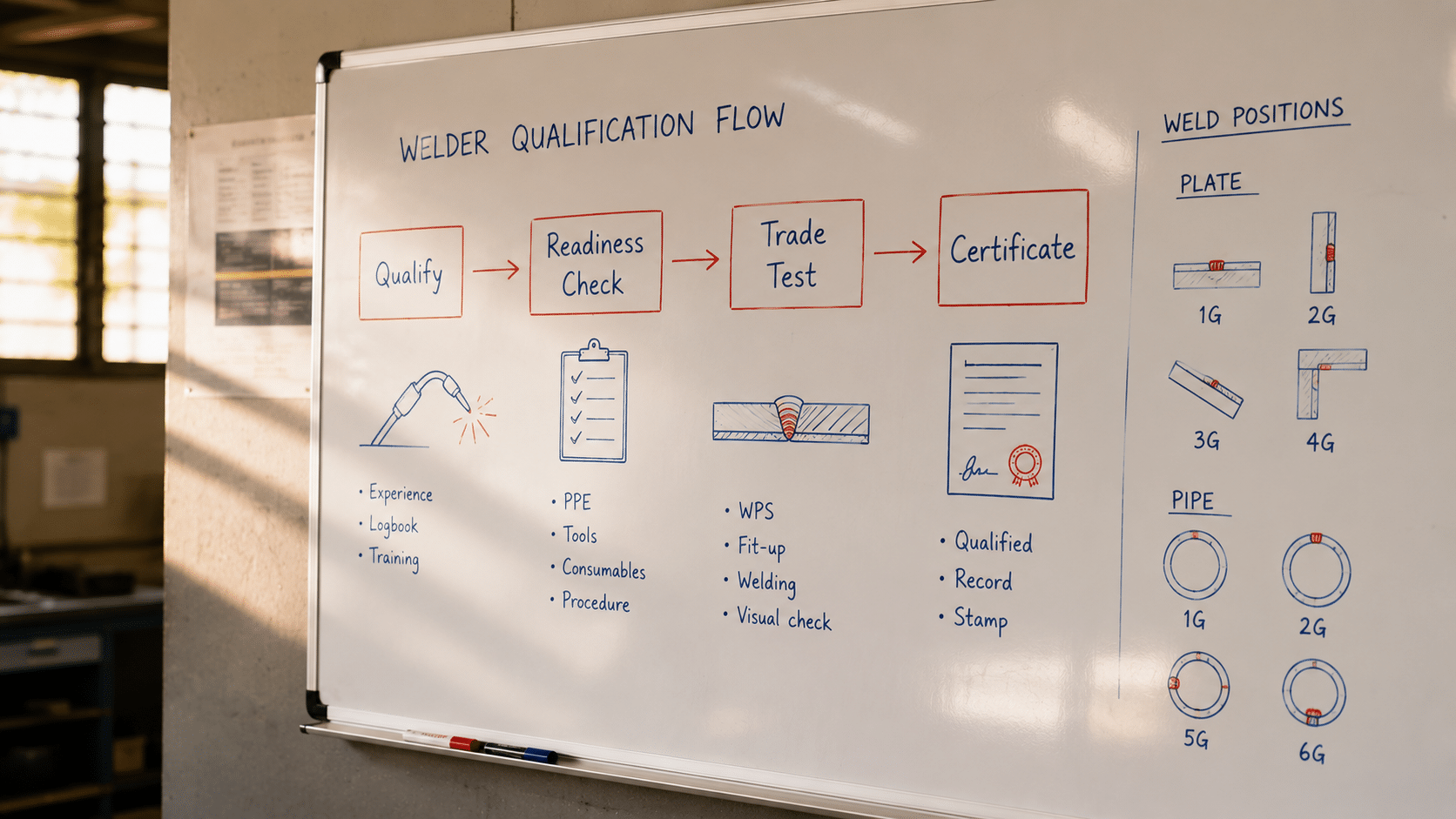 Welding trade test preparation steps mapped on a whiteboard showing readiness evaluation, theory and practical assessment stages